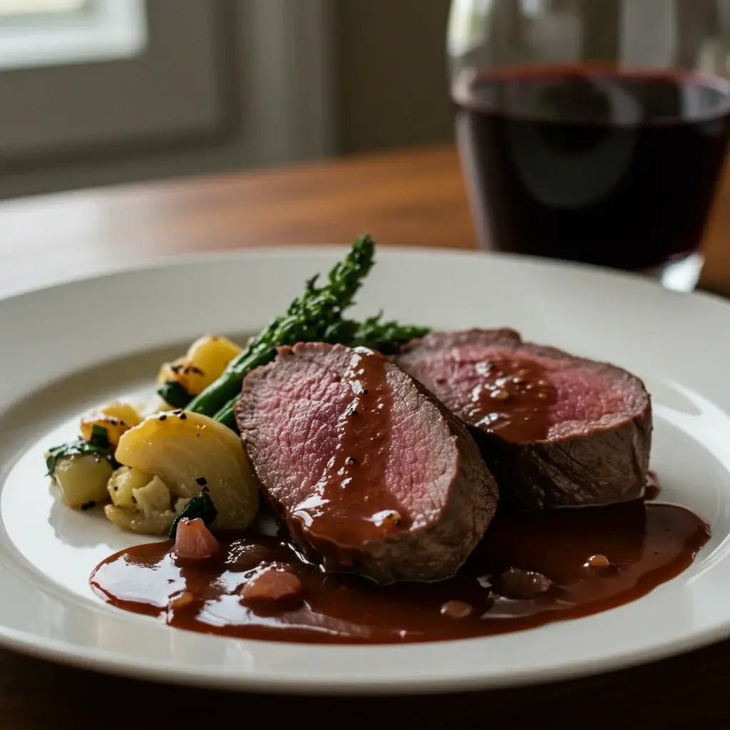 Seared Alexander Skarsgård-Inspired Venison Medallions with Red Wine Reduction