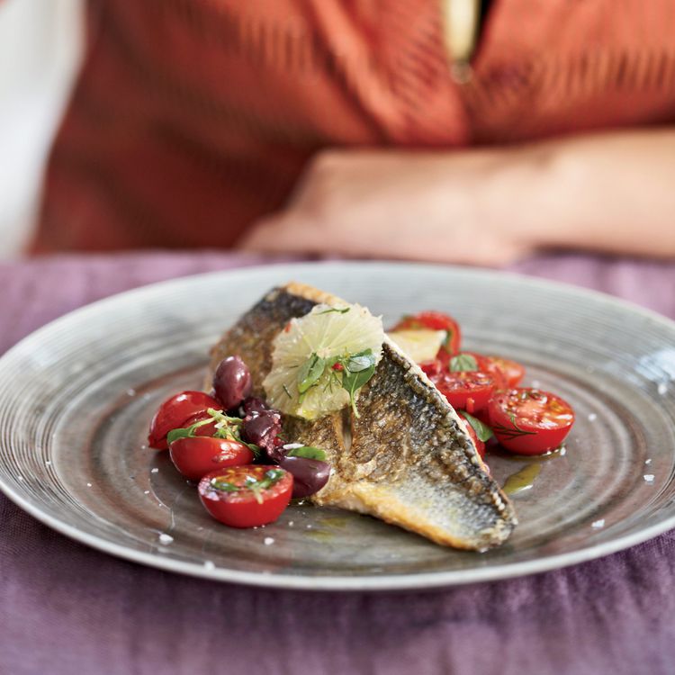 Pan-Seared Sea Bass with Greek Olive and Tomato Salsa