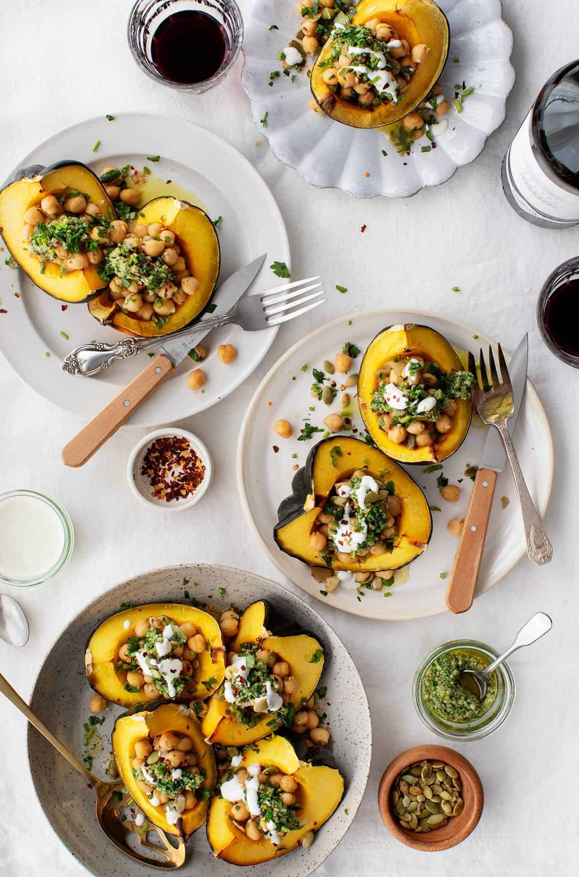 Cinnamon-Spiced Acorn Squash Stuffed with Chickpeas and Chimichurri