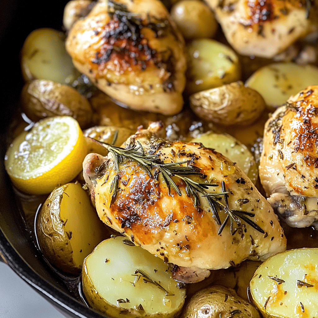 Lemon-Rosemary Roasted Chicken with Garlic Potatoes