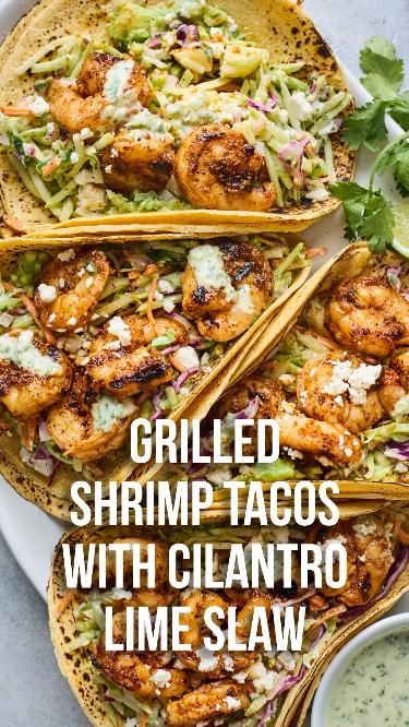 Grilled Lime-Garlic Shrimp Tacos with Cabbage Slaw and Avocado Crema