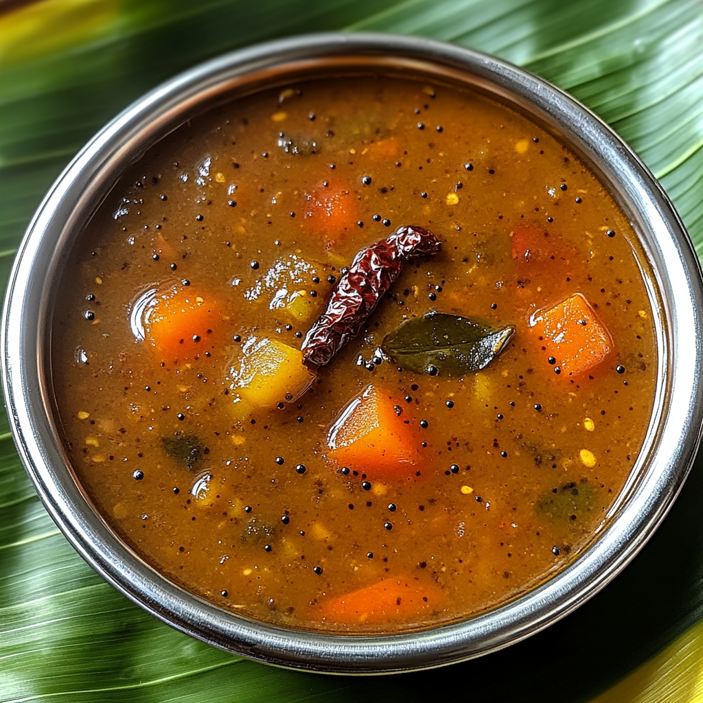 Tangy Tamarind and Jaggery Sambar with Mixed Vegetables