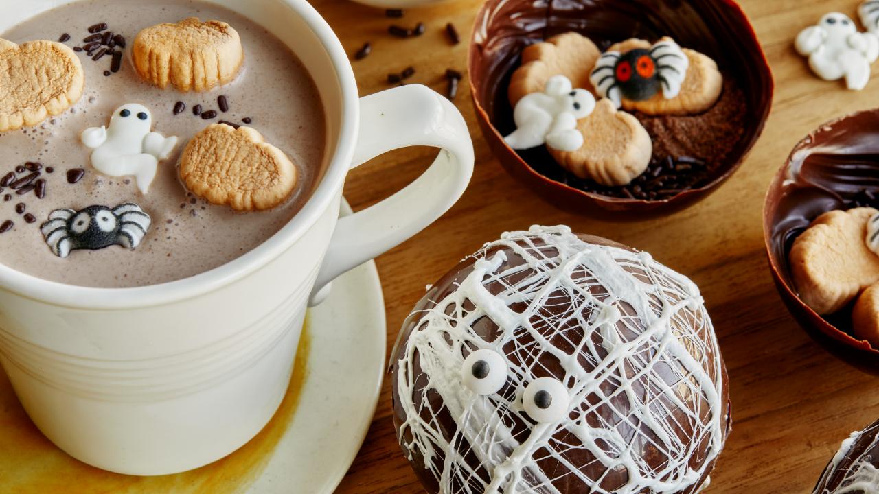 Spooky Spiderweb Hot Chocolate Bombs with White Chocolate Drizzle