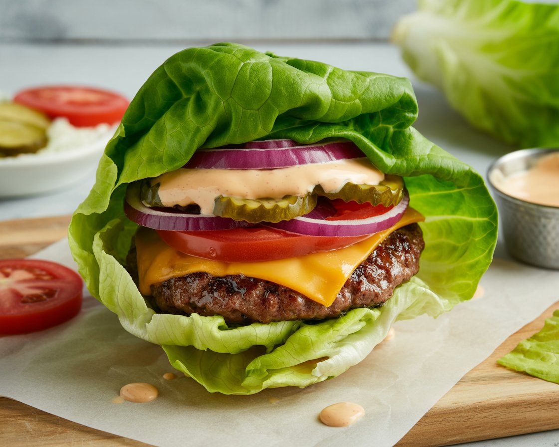 Triple-Stack Lettuce-Wrapped Burger with Bacon and Hot Dog