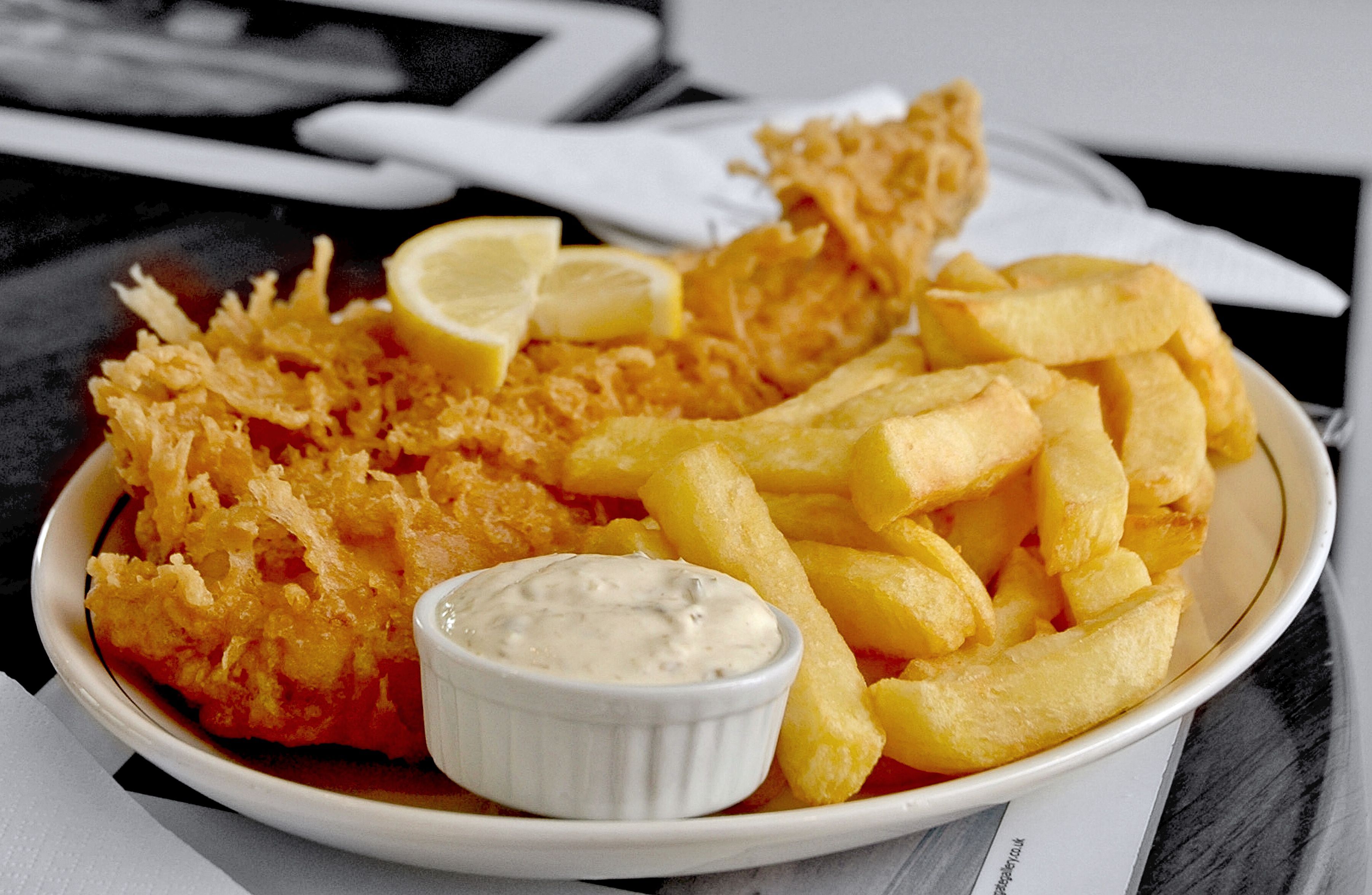 Traditional British Fish and Chips with Tartar Sauce