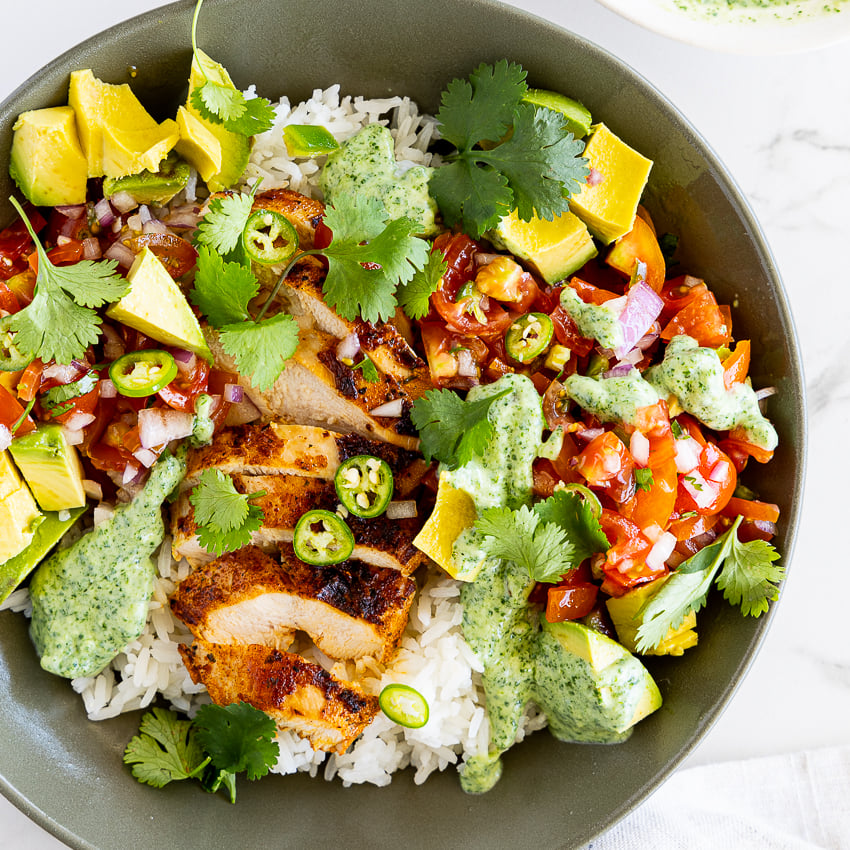 Chipotle-Smoked Chicken Taco Bowls with Avocado Crema
