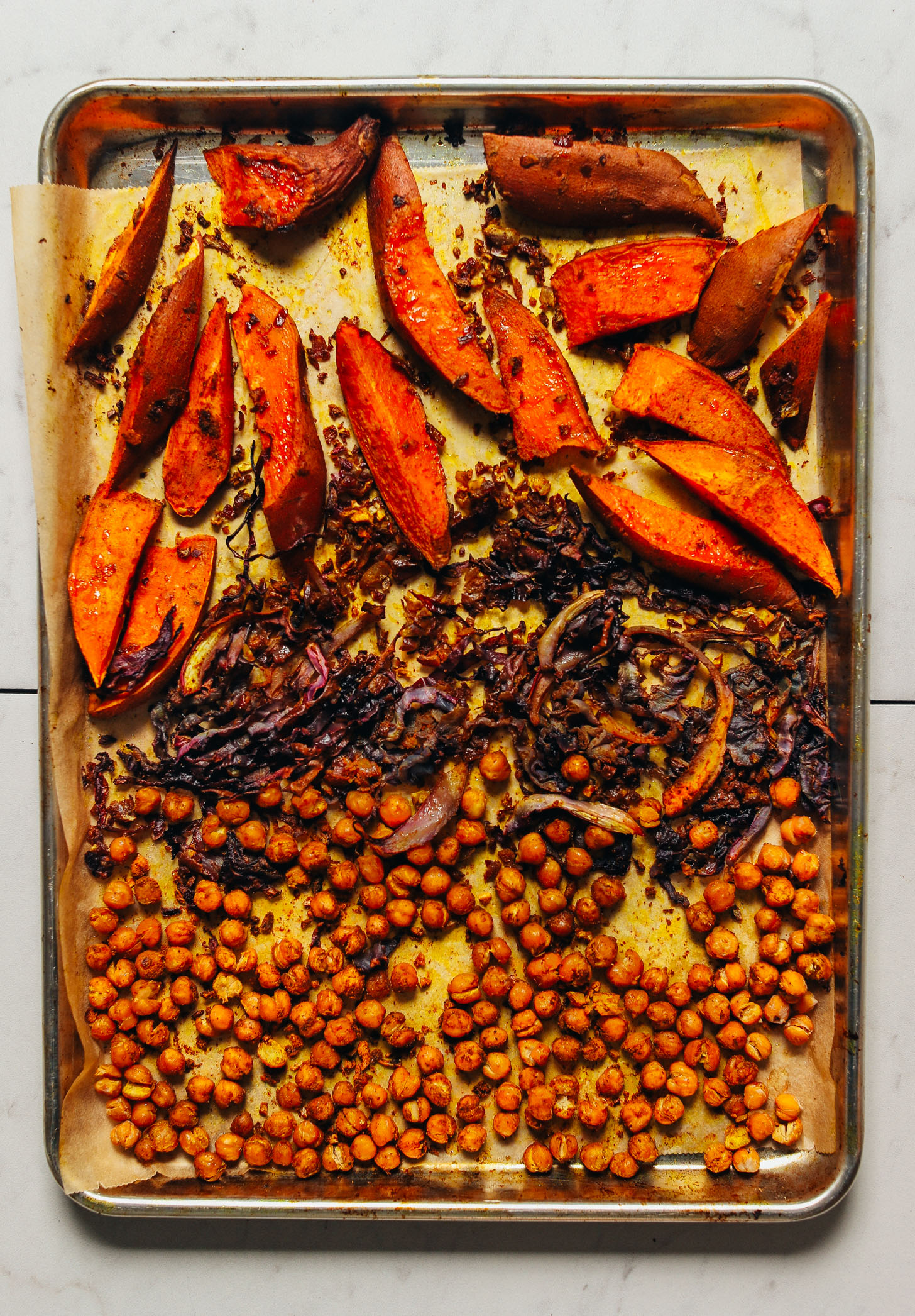 Percussion-Inspired Spiced Chickpea and Sweet Potato Sheet Pan Roast