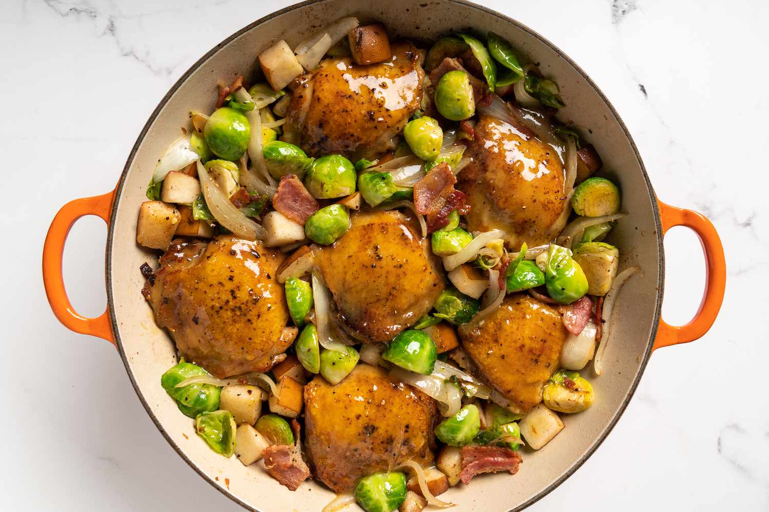 Pan-Seared Chicken Thighs with Roasted Brussels Sprouts and Garlic