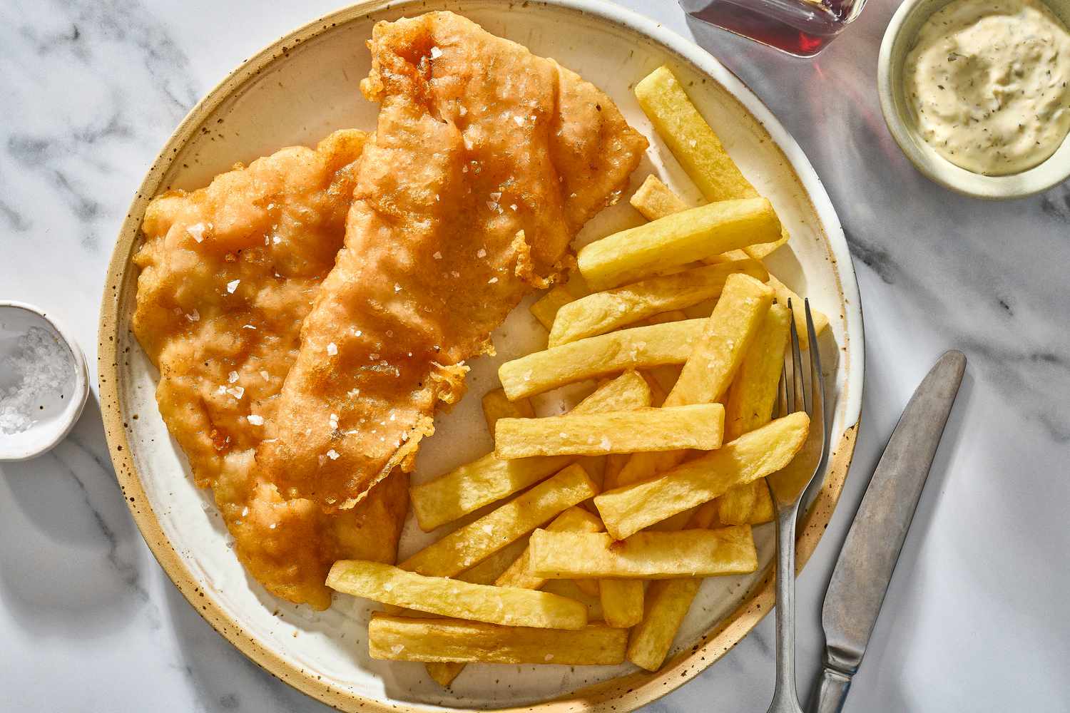 Traditional British Baked Fish and Chips with Tartar Sauce