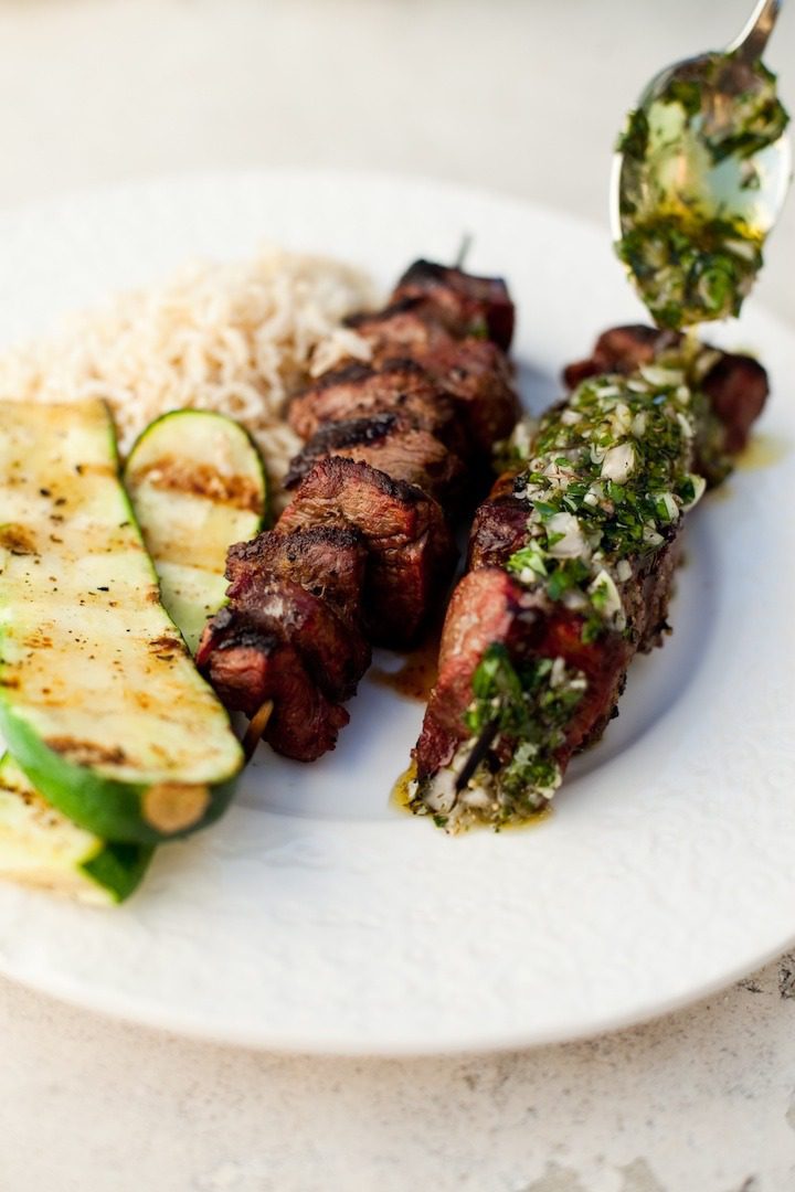 Grilled Argentine Beef Skewers with Chimichurri Sauce