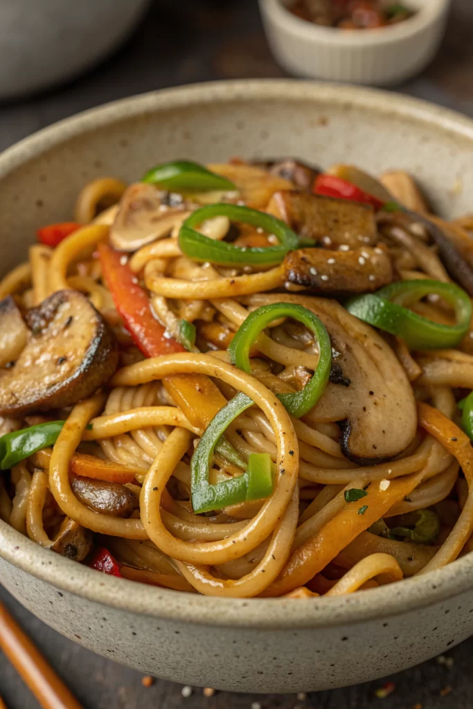 Stir-Fried Udon Noodles with Shiitake Mushrooms and Miso Glaze