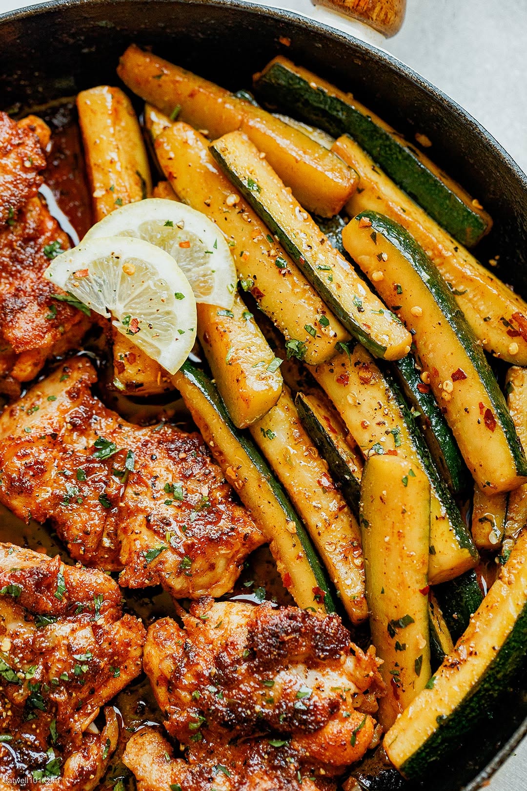 Pan-Seared Chicken Thighs with Roasted Garlic and Zucchini