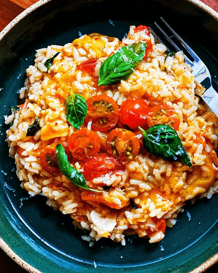 Basil and Tomato Risotto with Parmesan Crisp