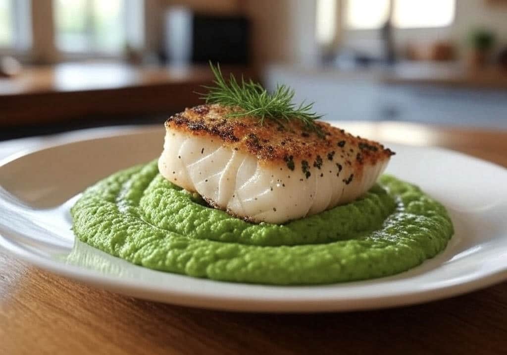 Pan-Fried Cod with Minted Pea Purée and New Potatoes