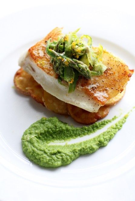 Pan-Seared Sea Bass with English Garden Pea Purée