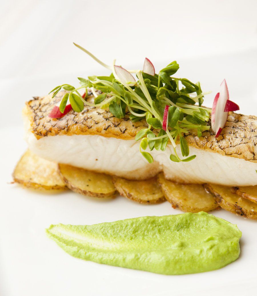Pan-Seared Sea Bass with English Garden Pea Purée