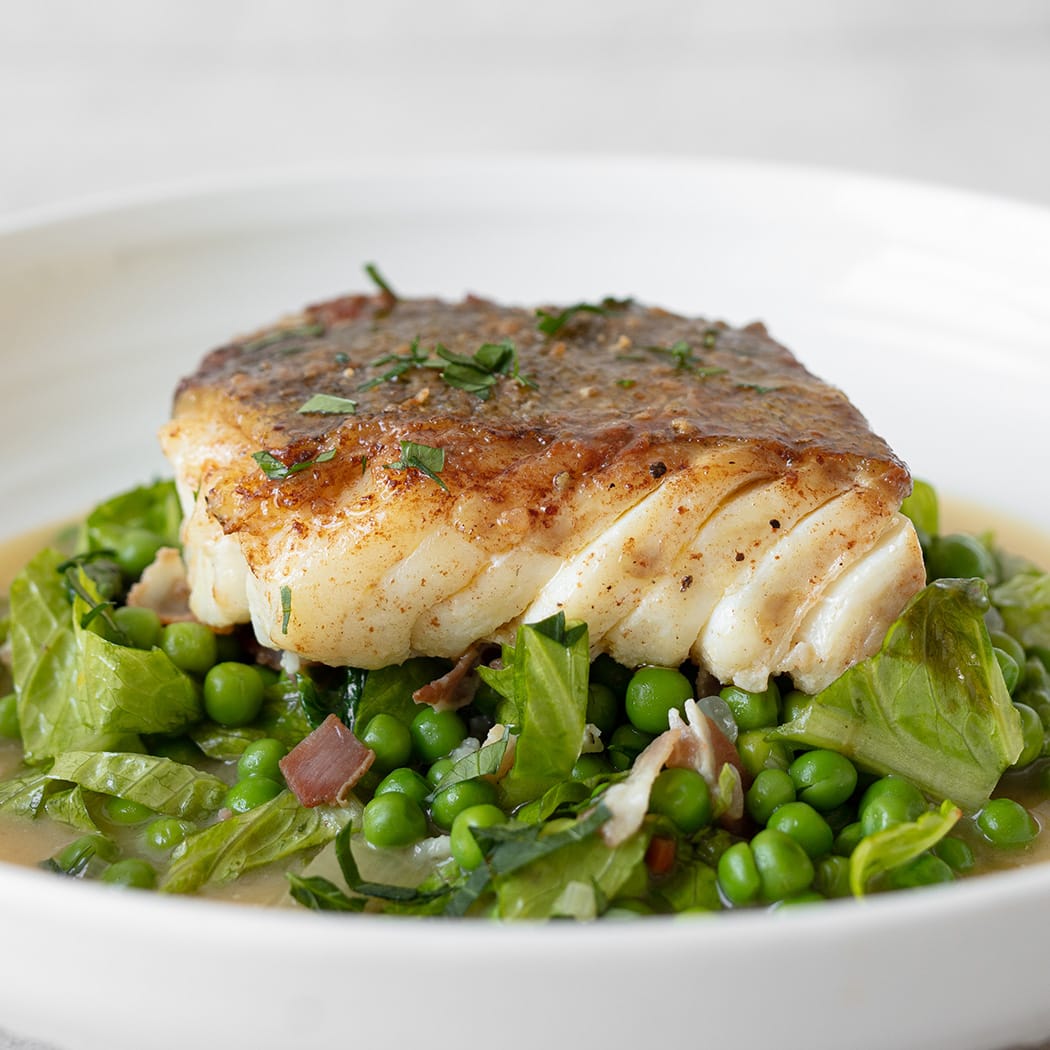 Pan-Fried Cod with Pea Purée and Crispy Bacon