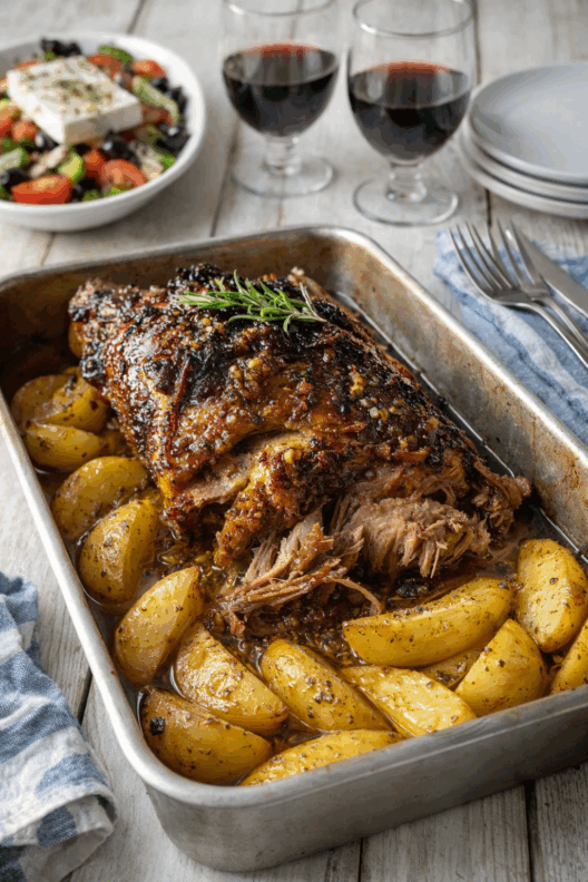 Greek Lemon-Oregano Roasted Lamb with Garlic Potatoes