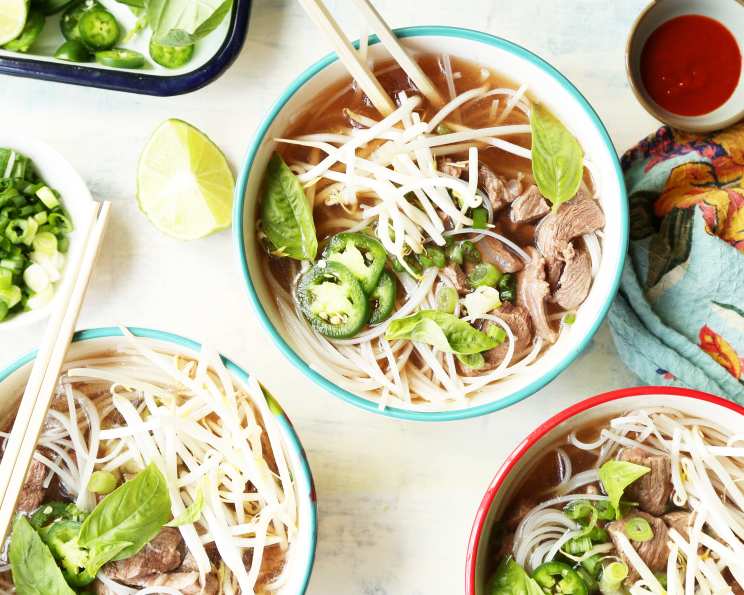 Slow-Cooked Beef Pho Broth with Rice Noodles