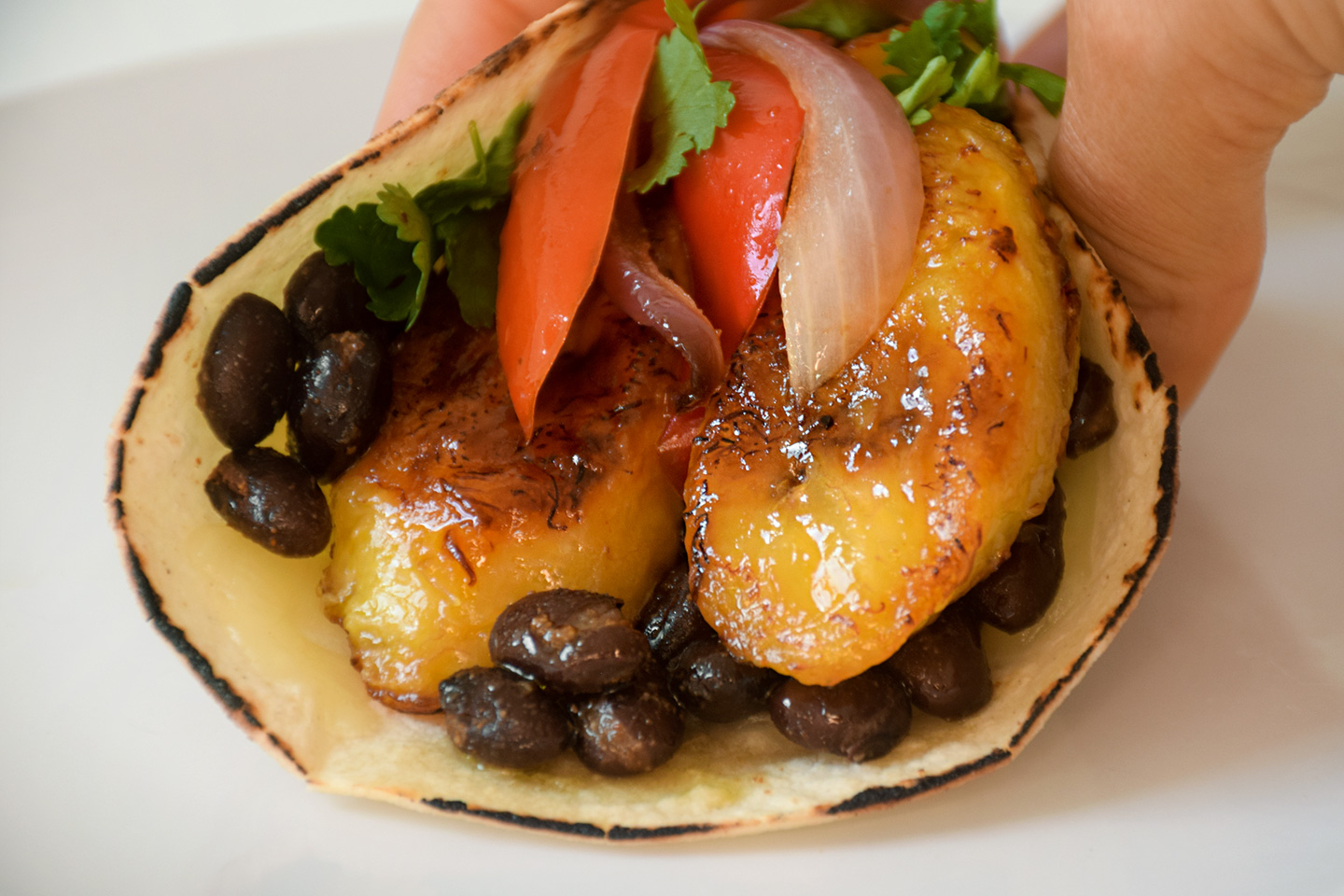 Crisped Plantain and Black Bean Tacos with Pico de Gallo