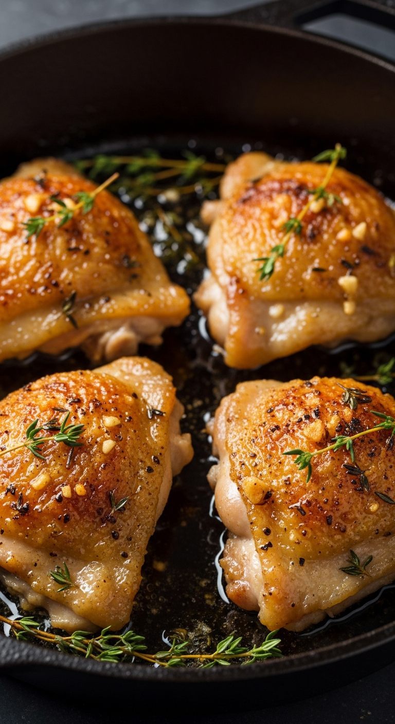 Crisp Pan-Seared Chicken Thighs with Garlic and Thyme