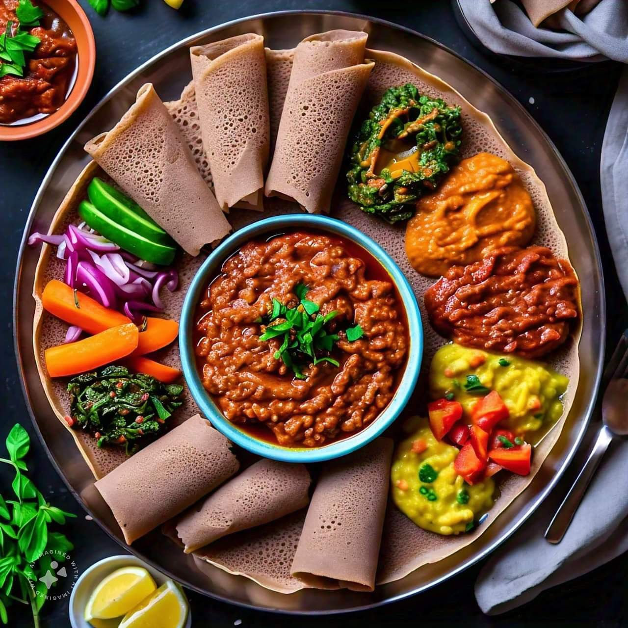 Teff Injera Crepes with Spiced Lentil and Tomato Salad