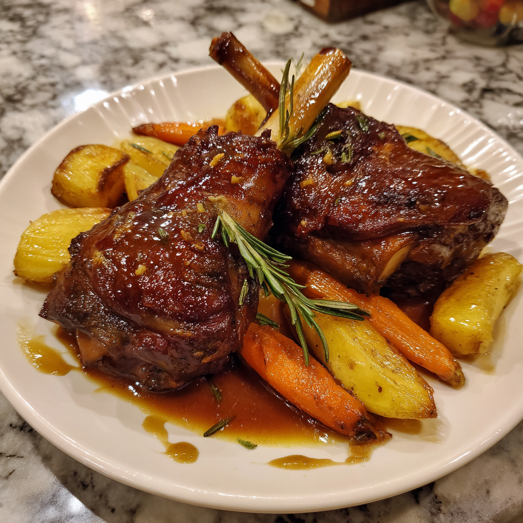 Slow-Cooked Lamb Shanks with Wattleseed and Root Vegetables