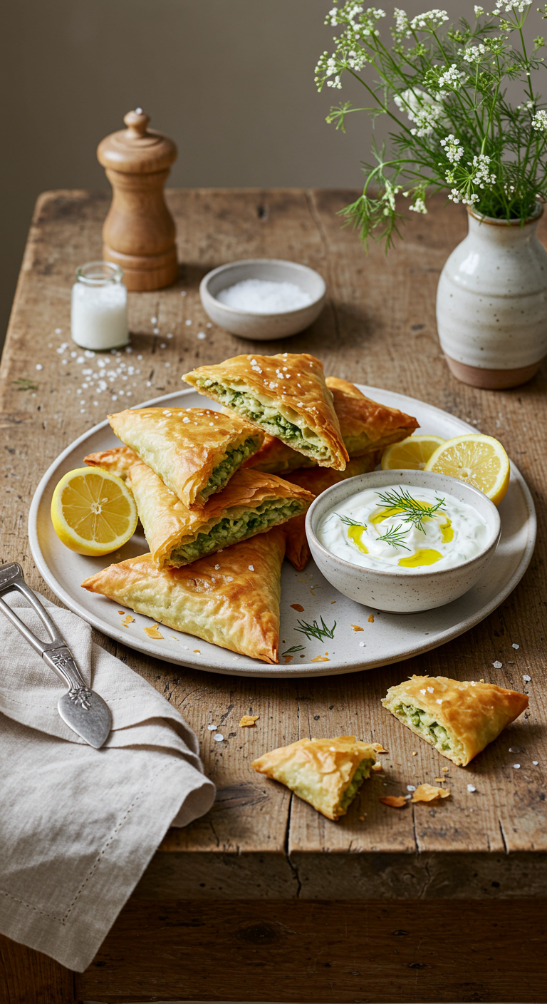 Vegetarian Spanakopita Triangles with Fresh Dill and Feta