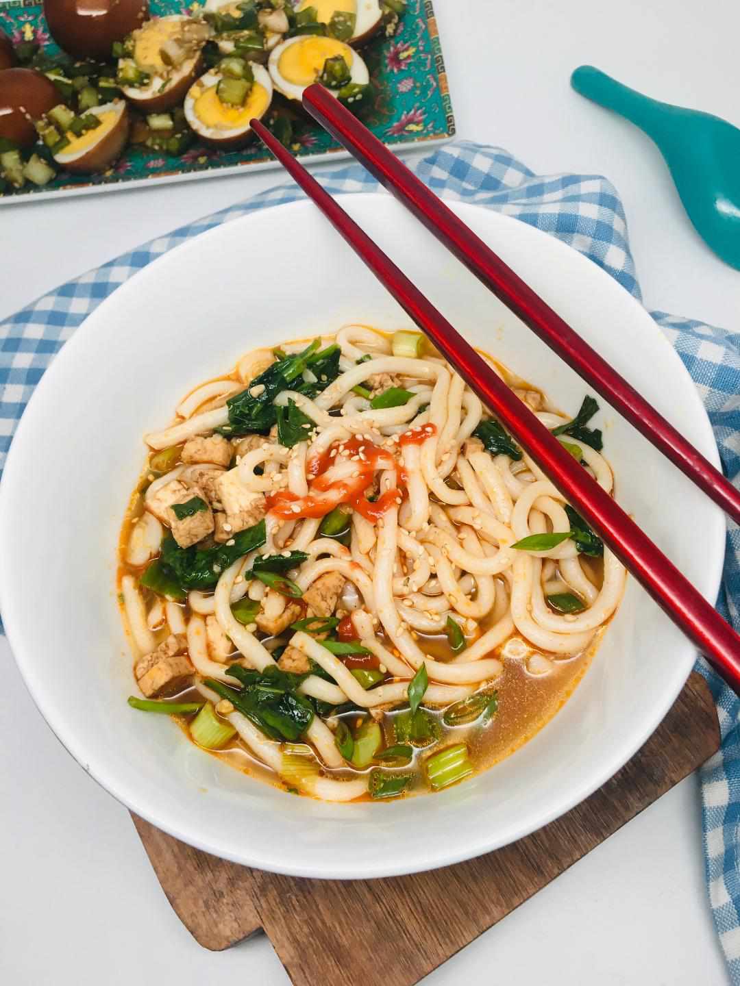 Asian Miso Udon Noodles with Baked Tofu and Spinach