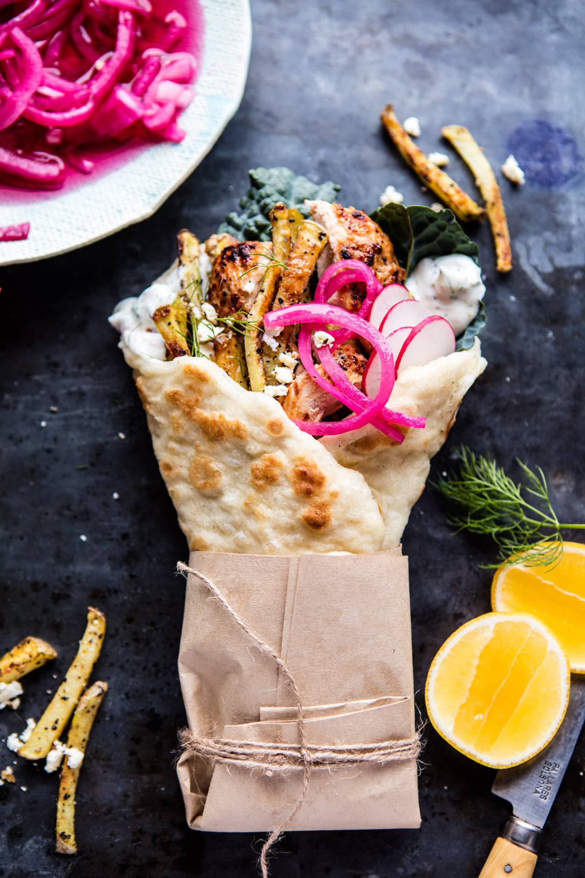 Charred Chicken Gyro Wrap with Tzatziki and Pickled Onions
