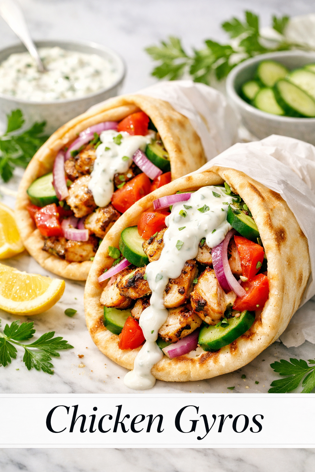 Pita-Wrapped Chicken Gyros with Tzatziki and Tomato