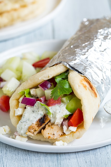 Pita-Wrapped Chicken Gyros with Tzatziki and Tomato