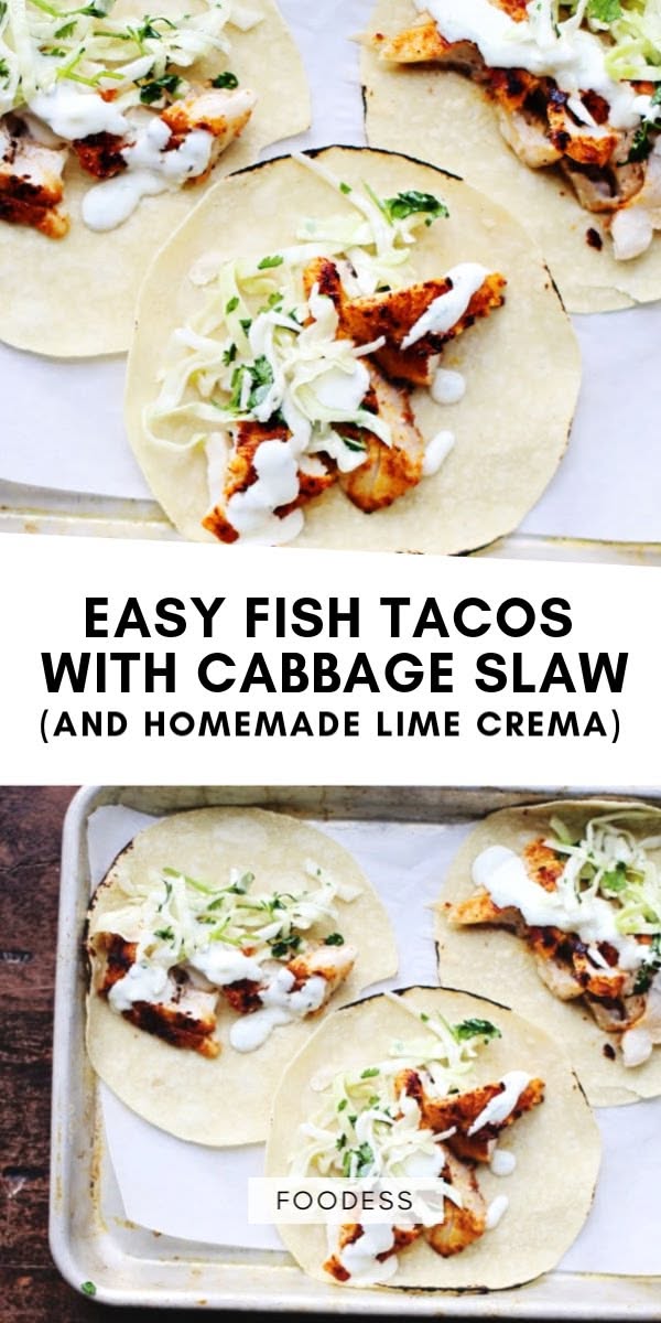 Crisp Pan-Fried Fish Tacos with Cabbage Slaw and Lime Crema