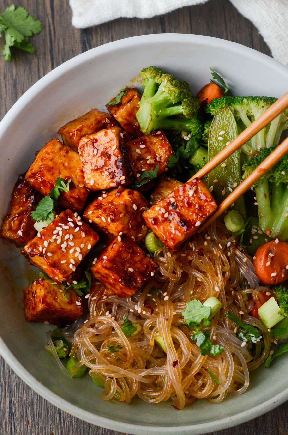 Miso-Glazed Tofu and Rainbow Noodle Bowl