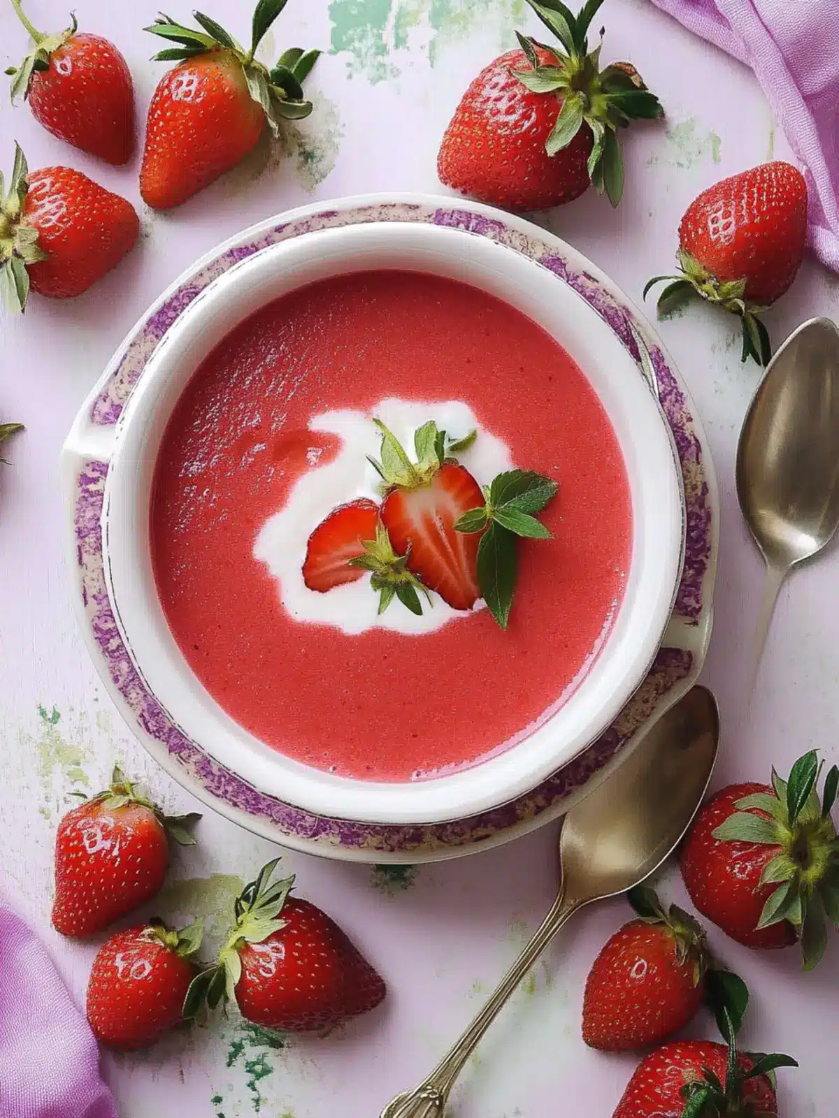 Chilled Strawberry Basil Soup with Greek Yogurt Swirl