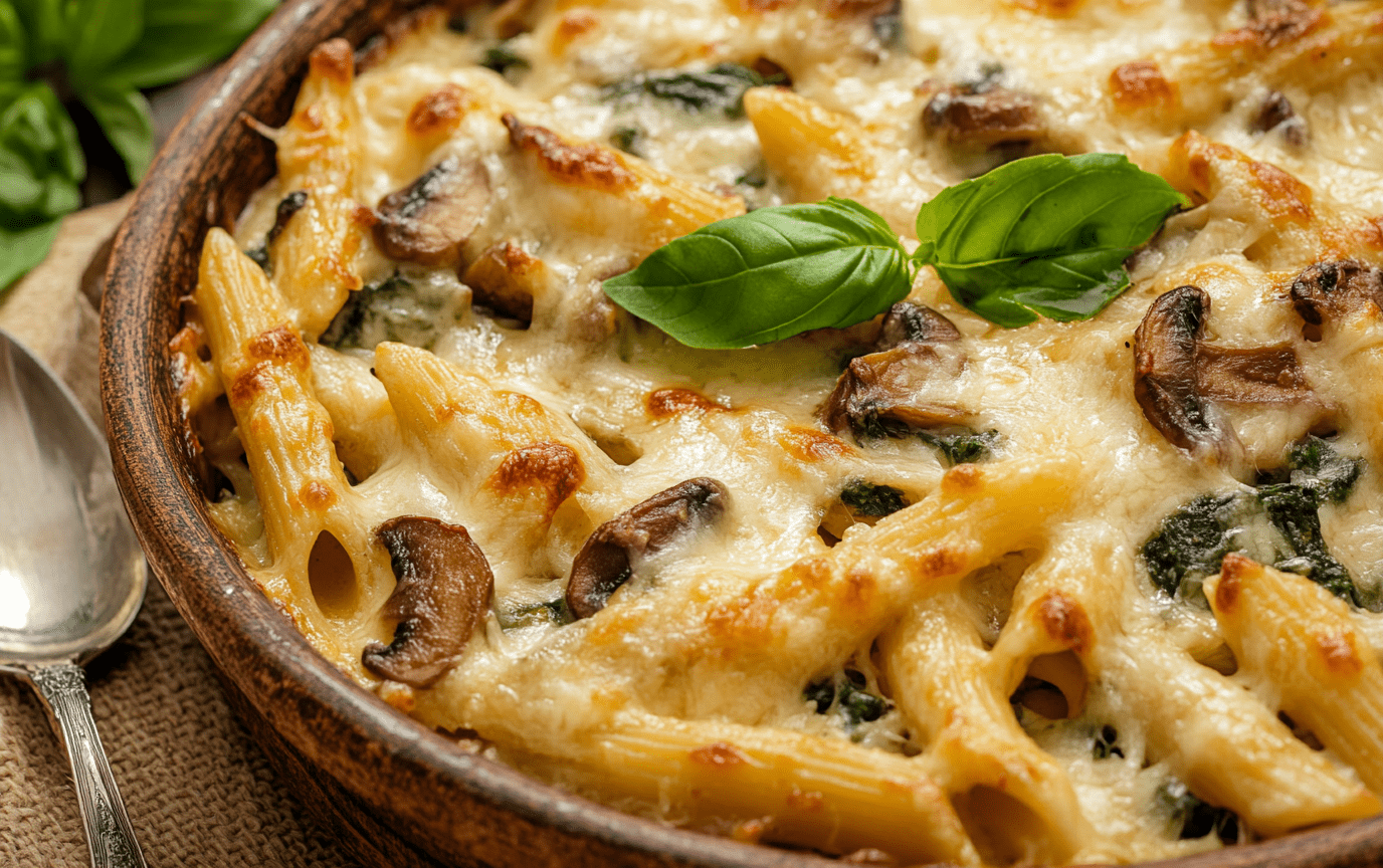 Cheesy Baked Penne with Spinach and Mushrooms