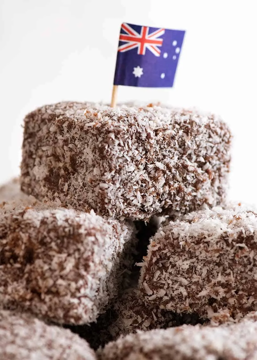 Honey-Cinnamon Lamingtons with Coconut Coating