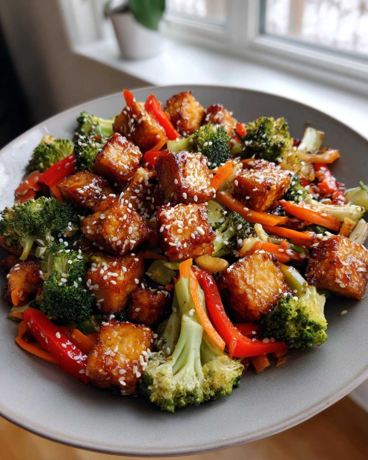 Sesame-Ginger Tofu Stir Fry with Broccoli and Bell Peppers