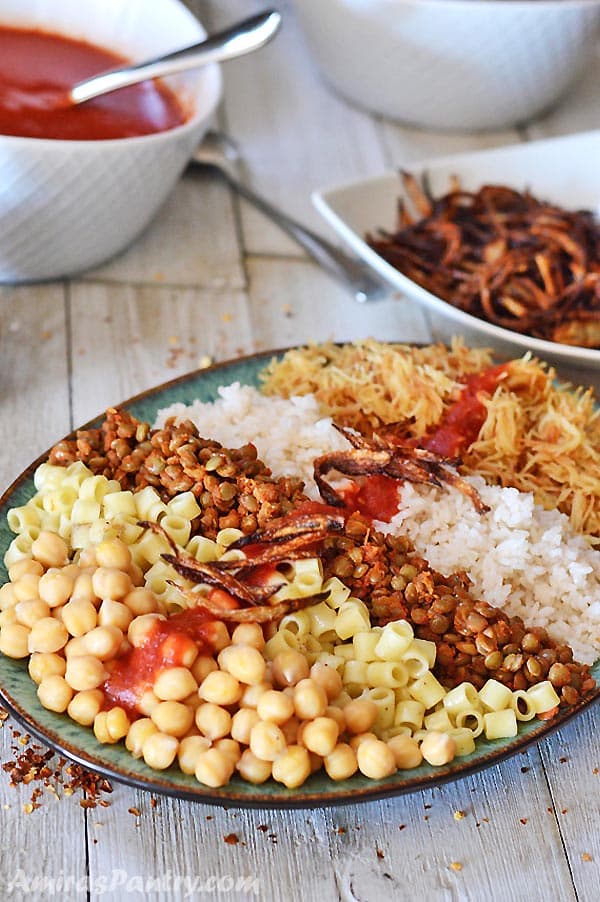Egyptian Koshari with Homemade Baharat-Spiced Tomato Sauce