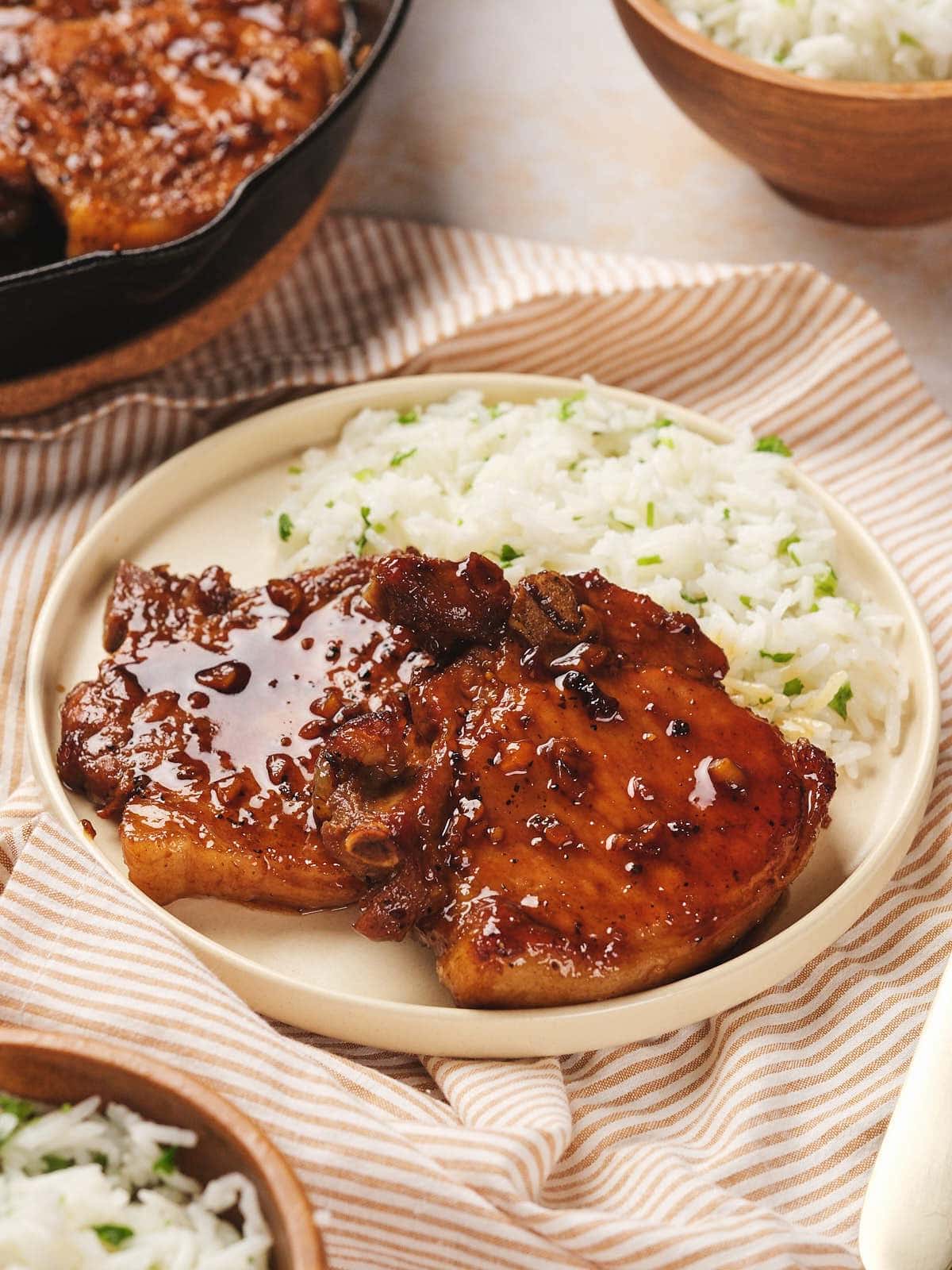 Whiskey Honey-Glazed Pork Chops with Rice Pan Sauce
