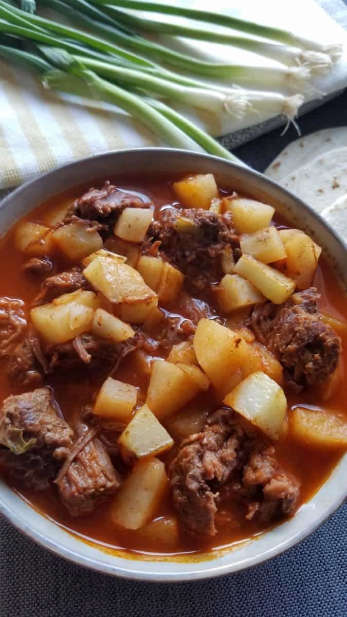 Roasted Red Chile Pork Stew with Potatoes and Onions