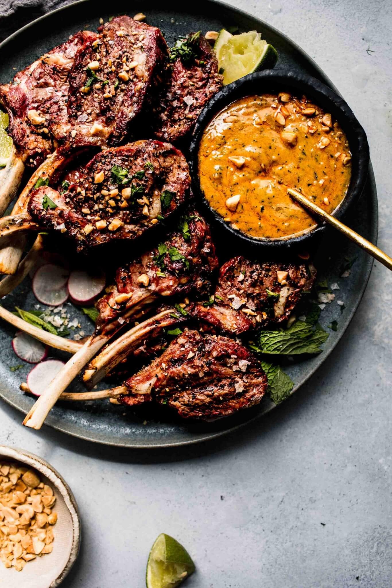 Grilled Senegalese Spiced Lamb Skewers with Peanut Sauce