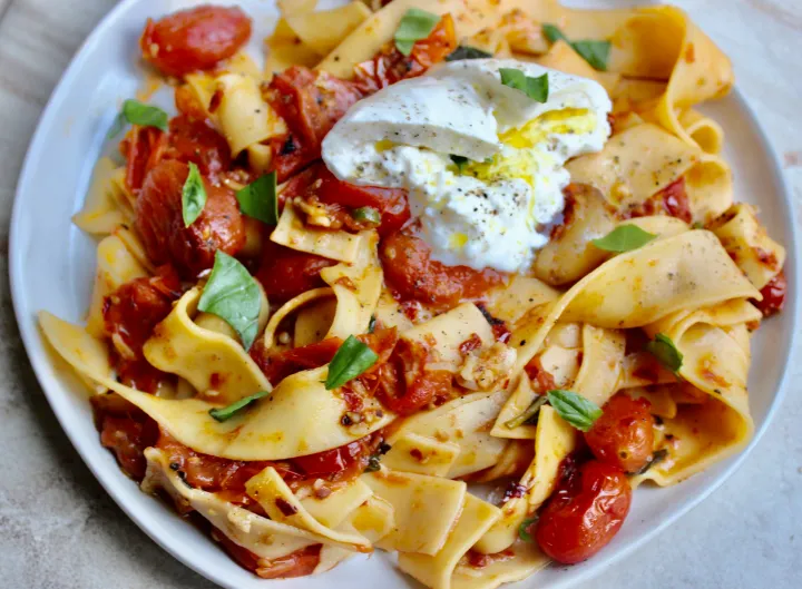 Fresh Tomato and Burrata Pappardelle with Basil Oil