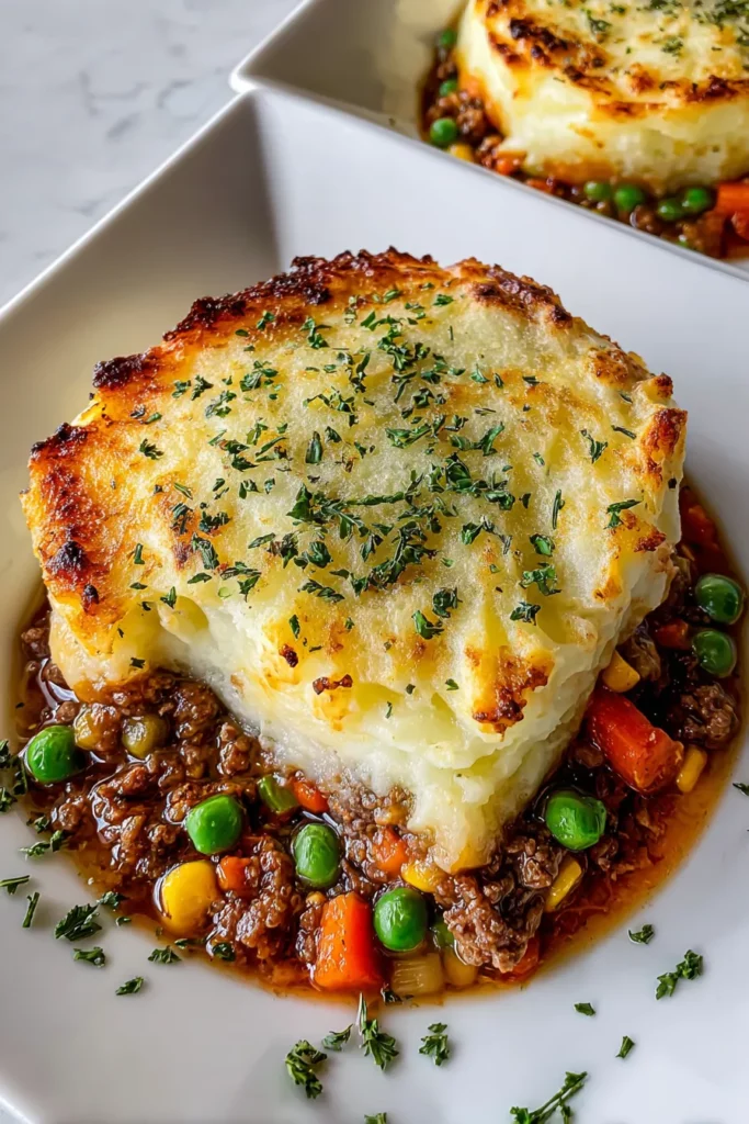 Baked Shepherd’s Pie with Caramelized Onion and Garlic Mashed Potatoes