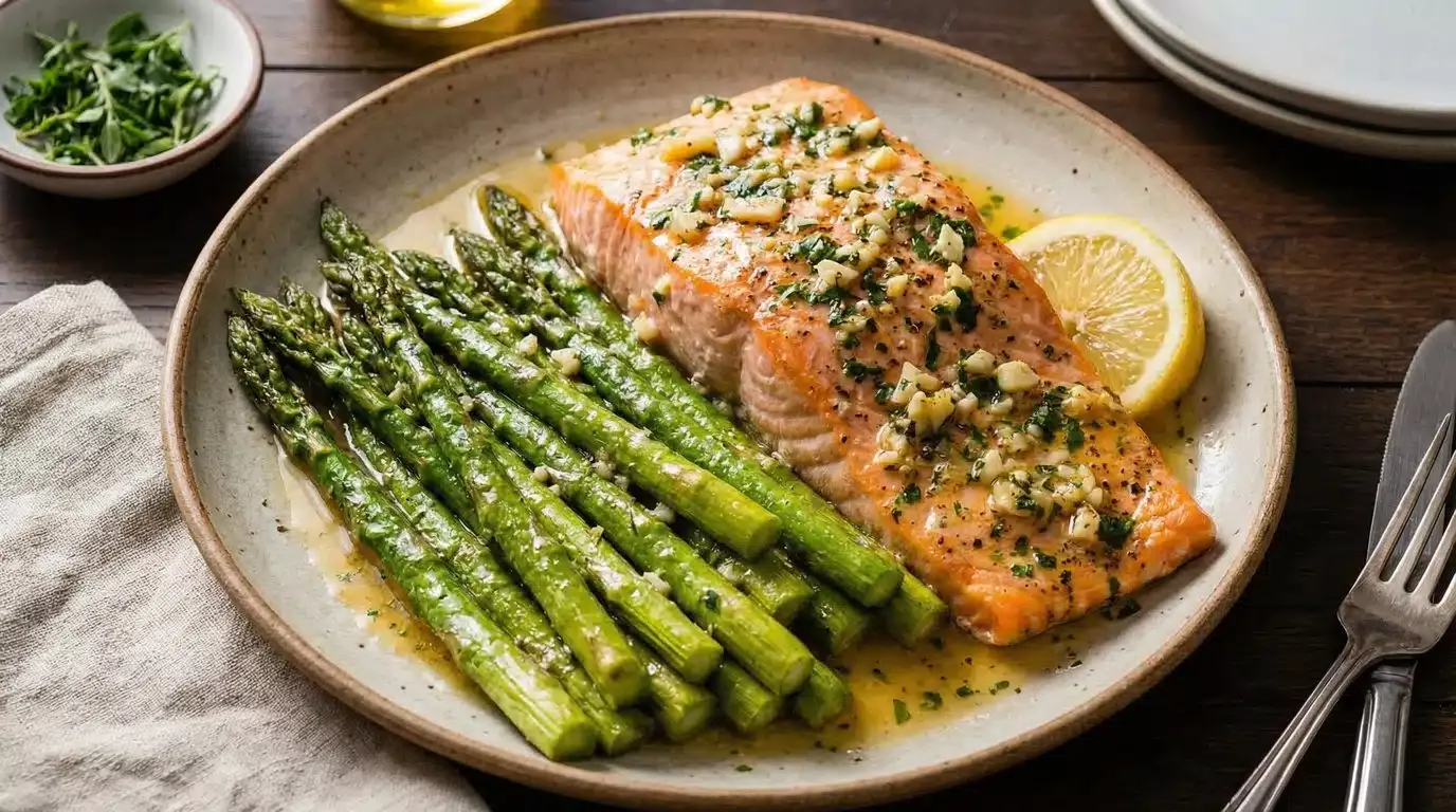 Pan-Seared Salmon with Garlic Lemon Butter and Asparagus