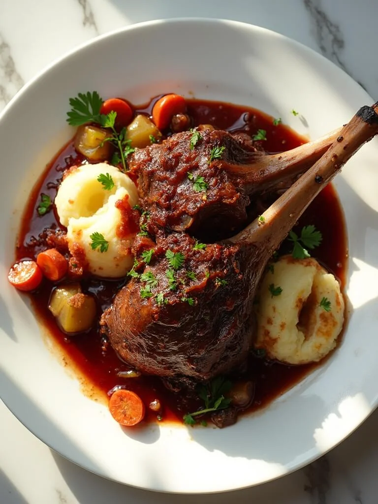 Slow-Cooked Lamb Shanks with Wattleseed and Red Wine Jus