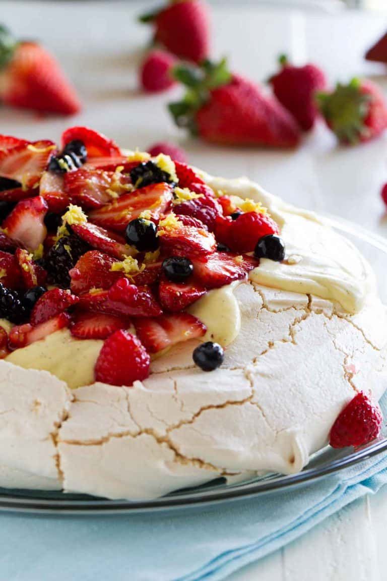 Lemon Myrtle Pavlova with Fresh Berries and Whipped Cream