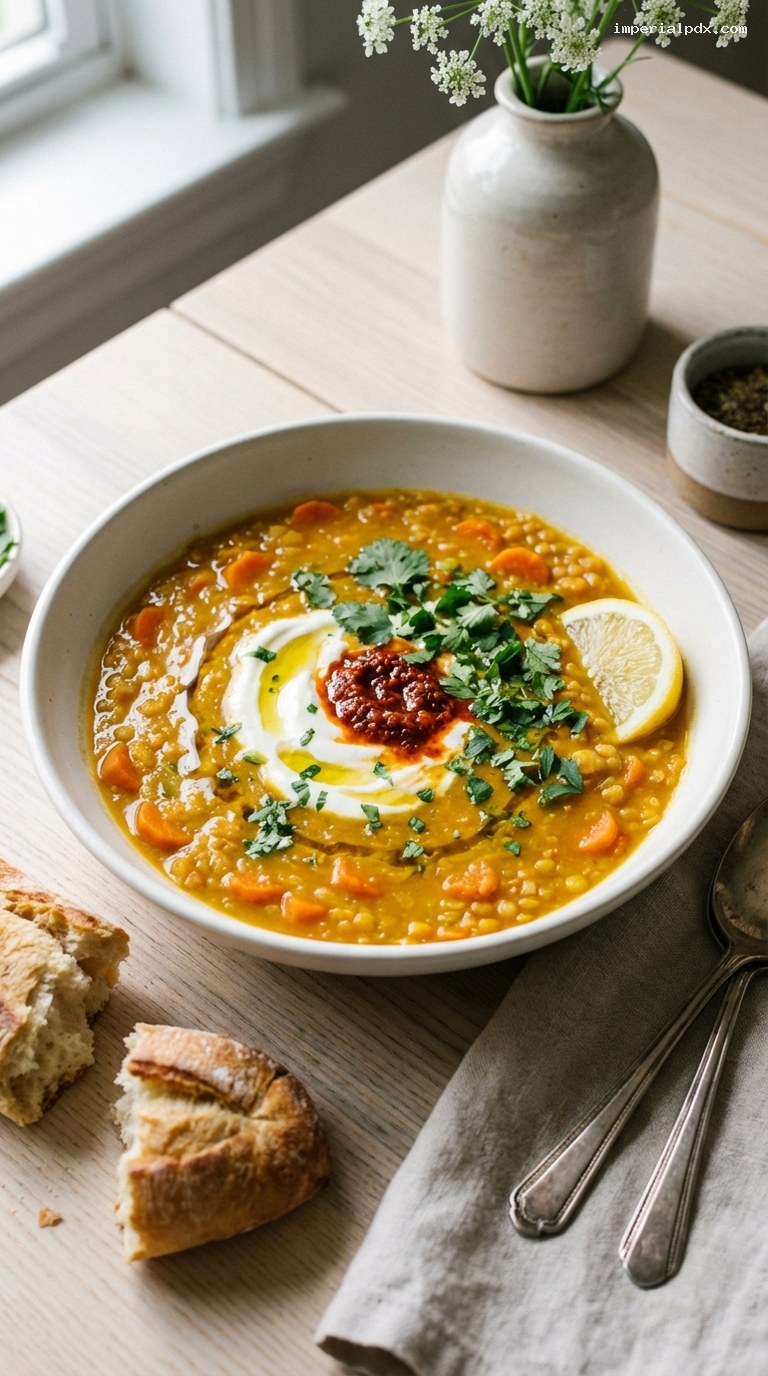 Moroccan-Spiced Lentil Soup with Harissa Yogurt