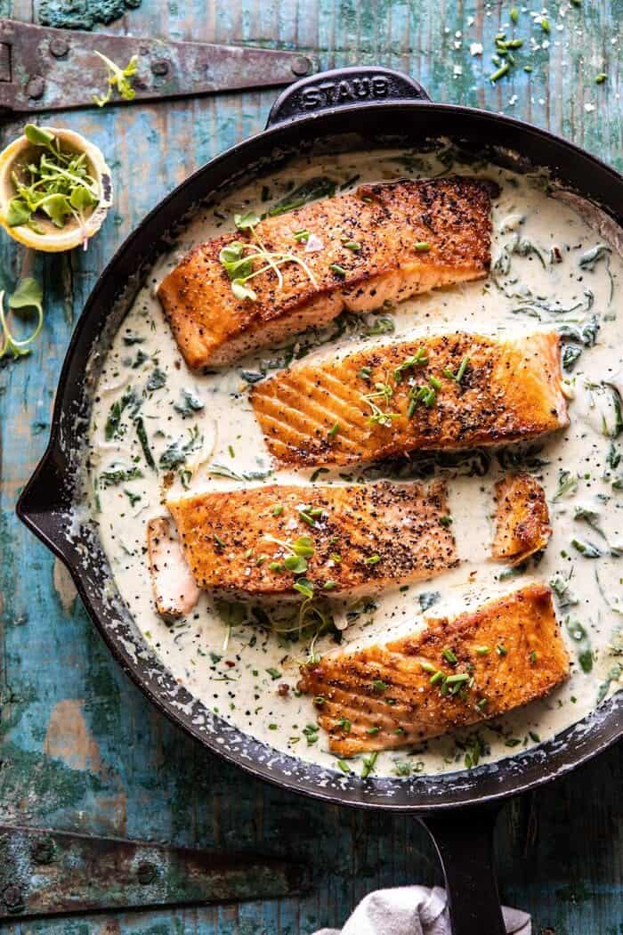 Pan-Roasted Salmon with Garlic Butter and Wilted Spinach