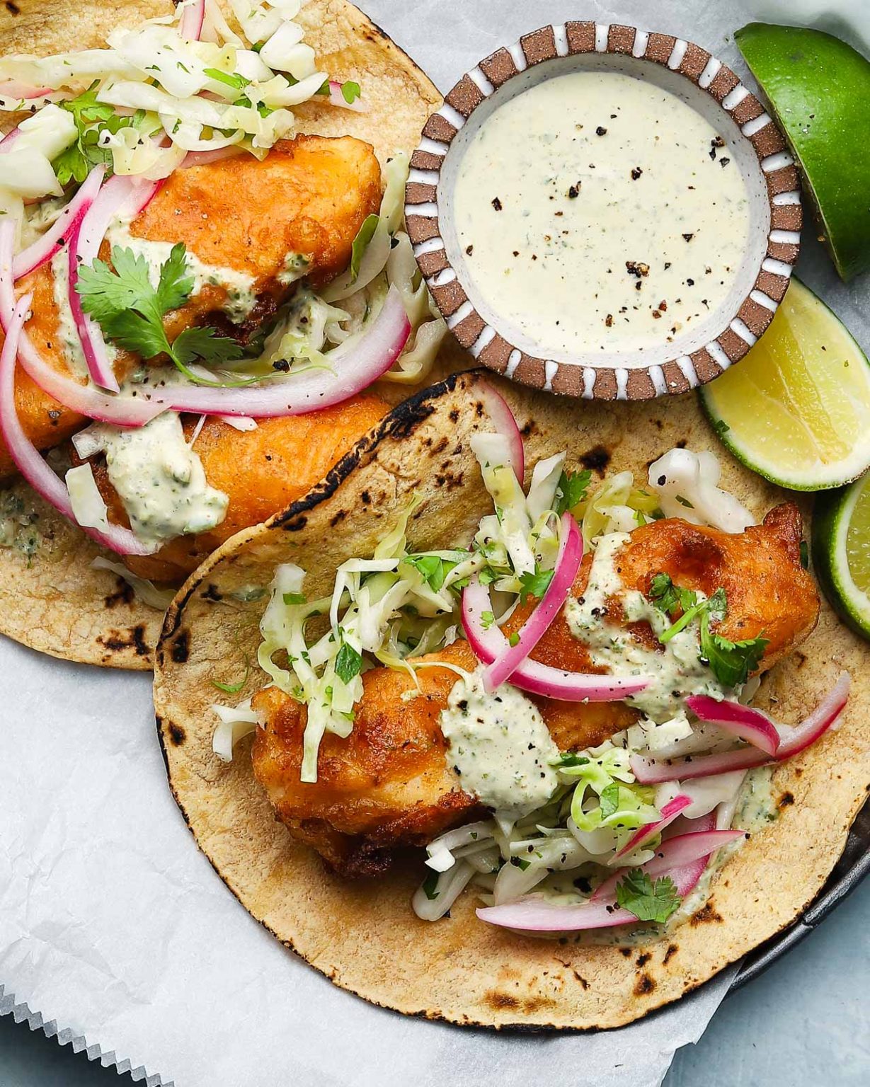 Spicy Beer-Battered Fish Tacos with Cilantro Lime Slaw